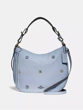 NWT Coach Sutton Hobo 69507 Blue/Gray Pebbled Leather Floral Applique Bag